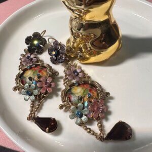 Vintage Floral Enamel Statement Earrings with Crystal Flowers & Teardrop Jewel